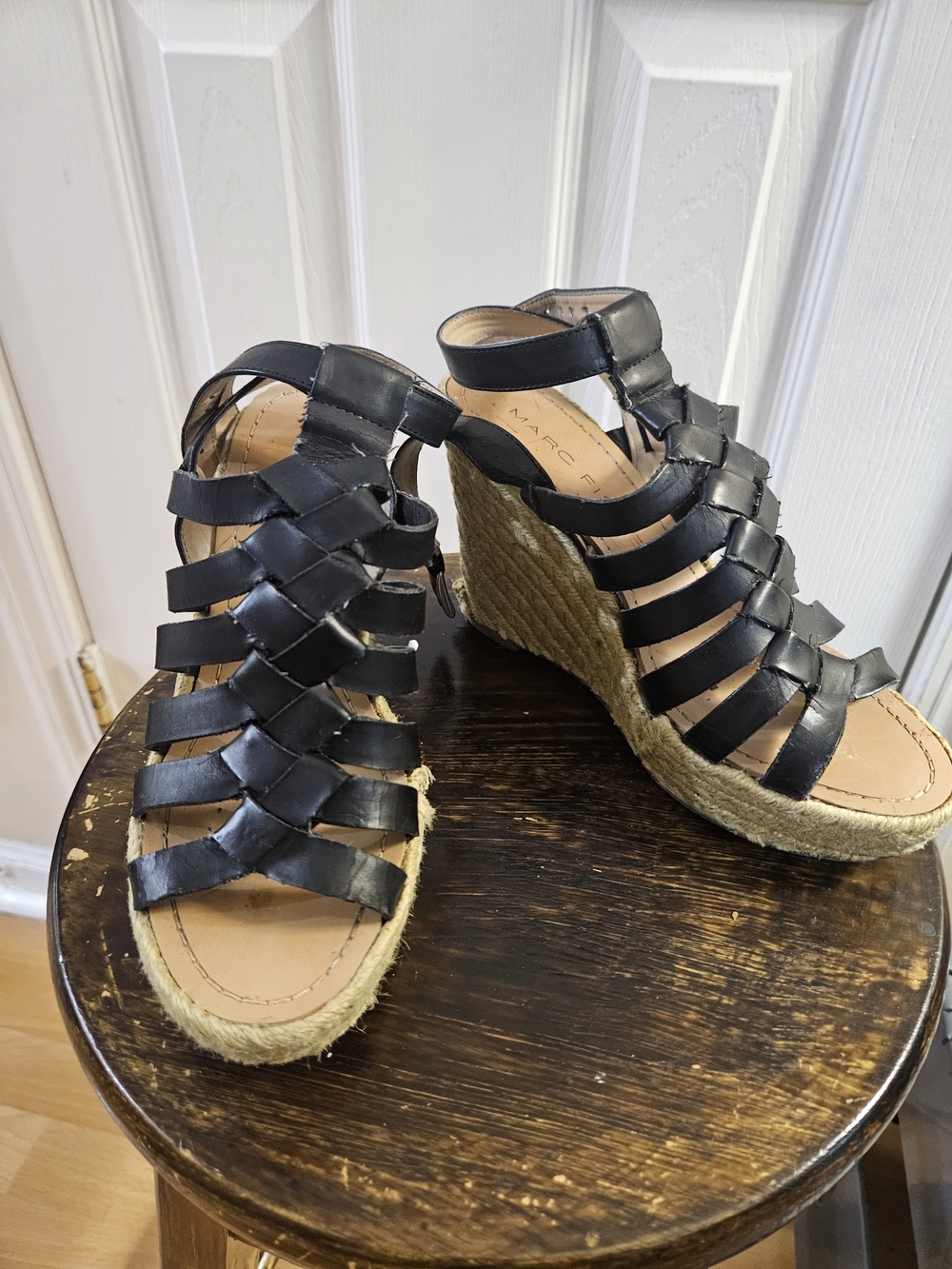 Marc Fisher Black Woven Leather Espadrille Wedge Sandals